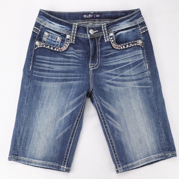Miss Me Curvy Bermuda Denim Shorts Womens 27 Blue Star Rhinestone (Actual 30) - Picture 3 of 6
